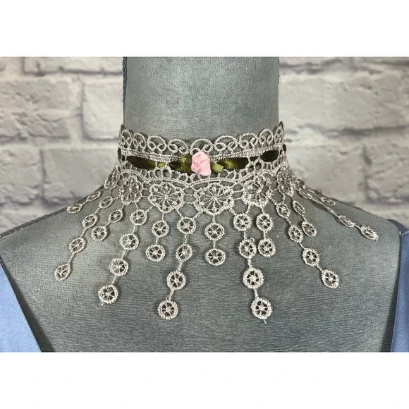 Handmade Upcycled Vintage Lace Choker with Dangling Lace Medallions - Picture 1 of 5